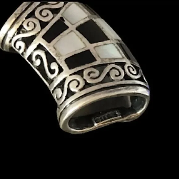 Vintage Onyx Mother Of Pearl Sterling Silver 925 Mosaic Inlay Slider Pendant